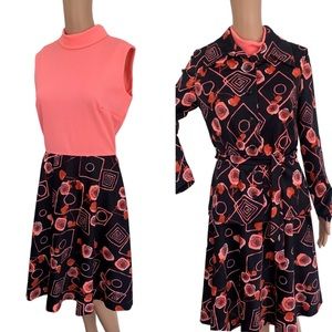 70s Black Coral Print Dress with Blouse Hippie Floral Vintage 36 Bust